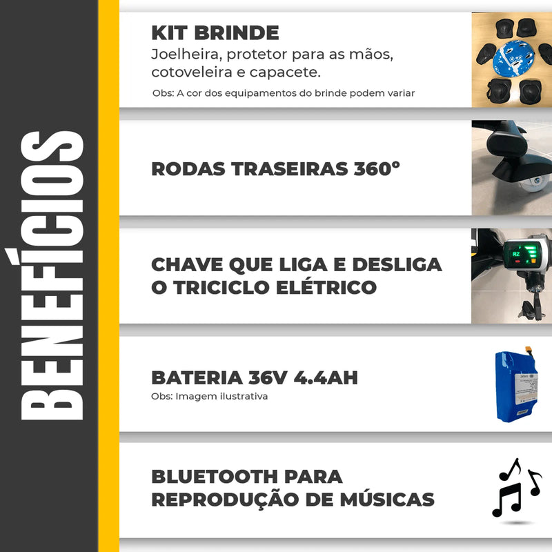 Triciclo Elétrico Drift 3 Velocidades Led 250W Raio Branco
